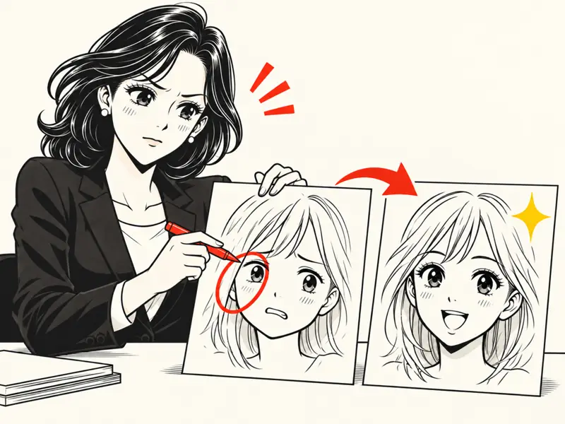 修正指示にすばやく対応して表情を描き直す様子を描いた1コマ漫画