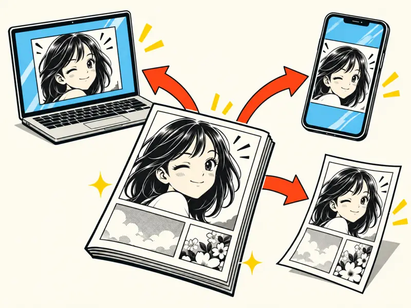 1つの漫画をWeb・スマホ・印刷物など自由に使い回す様子を描いた1コマ漫画
