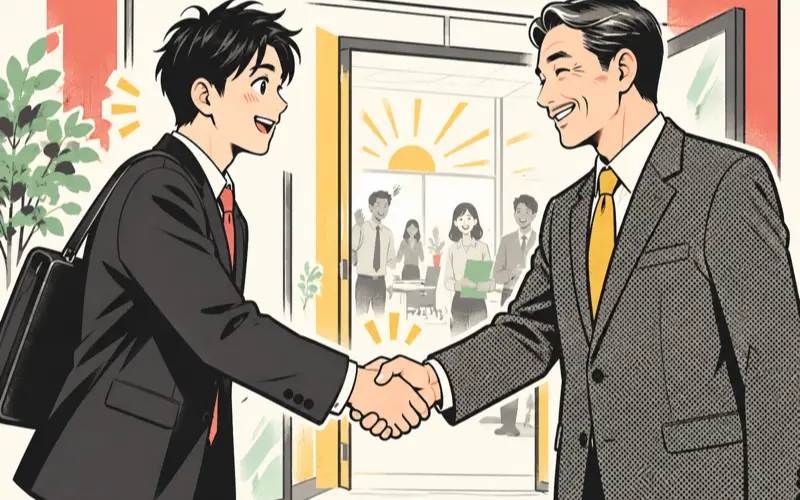 採用漫画のイメージ：内定者と先輩社員が握手する1コマ漫画