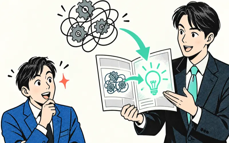 サービス紹介漫画のイメージ：複雑な仕組みが漫画でひらめきに変わる1コマ漫画