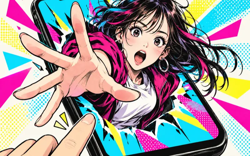 SNS広告漫画のイメージ：スマホ画面から飛び出すキャラクターの1コマ漫画