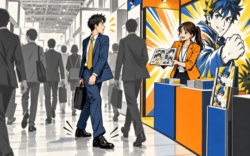 展示会漫画のイメージ：来場者が漫画パネルのブースで足を止める1コマ漫画