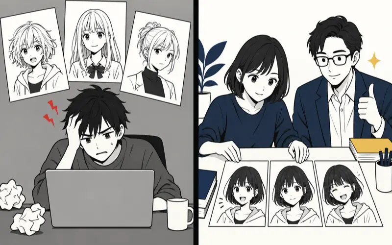 自作AIとプロの違いのイメージ：顔がバラバラな自作漫画と一貫したプロの漫画の比較