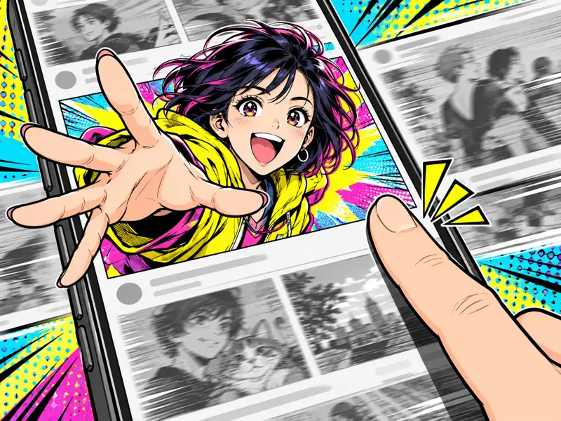 タイムラインで目を引きスクロールの手が止まるを描いた1コマ漫画