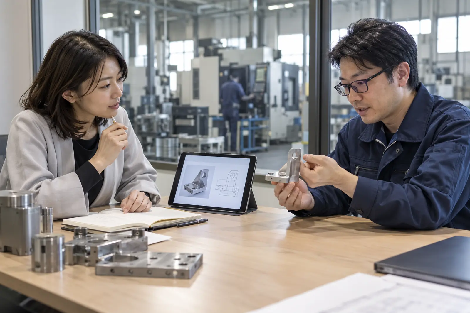 工場の打ち合わせスペースで、加工部品を手に取りながら担当者に話を聞く様子