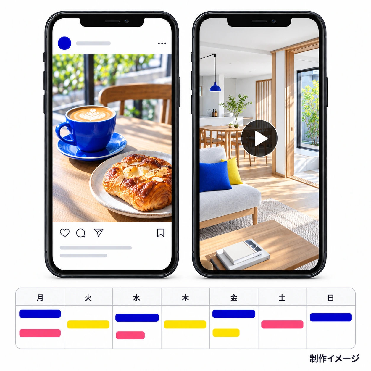 投稿画像、ショート動画、投稿カレンダーの制作イメージ。カフェと住宅の架空サンプル。