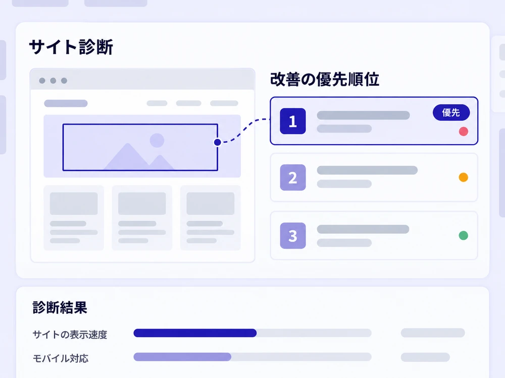 サイト診断と改善の優先順位を示すレポート画面のイメージ